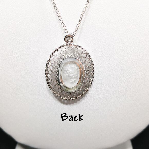 Whiting Davis Crystal Etched Cameo Pendant Necklace, Rhodium Plated, Book Piece - Picture 4 of 10